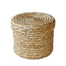 뚜껑형 원형 라탄 수납 바구니 L, 베이지, 1개