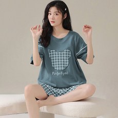 에이원 커플용 체크 그레이 반팔 잠옷 상하세트