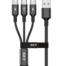 SKY 비트 3in1 USB to C타입 고강도 패브릭 멀티 고속 충전 메탈 케이블 27W, 200cm, 블랙, 1개