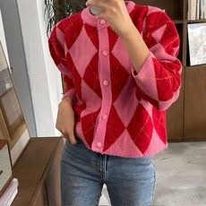 뜨개진 여성용 루즈핏 도톰 아가일 체크 라운드 리베렌 가디건