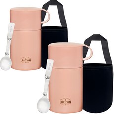 DIYOU 스텐 보온 도시락 죽통 600ml 2p + 스텐스윙 스푼 2p + 전용 파우치 2p 세트, 핑크, 핑크, 1세트