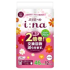 elleair 艾黎艾爾 i:na 2倍巻 雙層印花捲筒衛生紙, 柔軟親膚, 減少卷寬, 46米 12卷, 46m, 12捲, 1袋