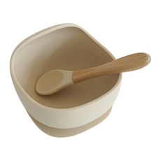 BUDDLE 幼兒用Gomi矽膠吸附副食品碗+湯匙組, 米色
