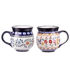 메종오브제 프라카 폴란드풍 도자기 항아리 머그컵 중 350ml 2종 세트, 아이리스 + 아데니움, 1세트