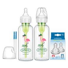 닥터브라운 내로우 데코 유리젖병 플라밍고 2p + 1단계 젖꼭지 2p 세트, 투명, 250ml, 1세트 투명, 1세트