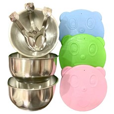 304不鏽鋼兒童碗 馬卡龍色系碗蓋 附湯匙 三入組, 1組, 混合顏色, 11 x 6cm