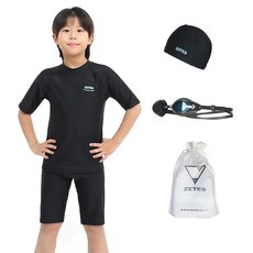 zetessport 男童款室內短袖防曬衣上下衣 1581+泳帽+泳鏡+收納包組