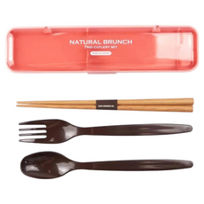 Sabu NATURAL BRUNCH 天然木筷 + 湯匙 + 叉子 + 收納盒組 日本製, 粉紅色, 1組, 收納盒 + 湯匙 + 叉子 + 筷子