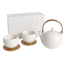 SALIU 結 YUI 木製提把茶壺茶杯禮盒 土瓶急須 附濾網 日本製 330ml 白色, 1盒