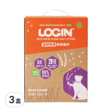 LOGIN 洛格 強效除臭稻殼貓砂，6倍吸水力，優於一般貓砂除臭效果, 無香精, 5kg, 3組