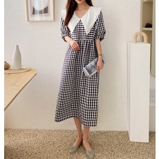PANG PANG SHOP 翻領格紋孕婦連身裙, 短袖, R.提花布格紋翻領洋裝, Free Size, 黑色