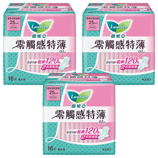 Laurier 蕾妮亞 台灣公司貨 零觸感特薄衛生棉 量多日用加長型, 25cm, 16片, 3包