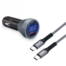 E-books 車用48W PD+QC3.0 數位顯示充電器 + 60W C to C 快充傳輸充電組, B88, 黑色