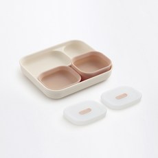 TACKAON 幼兒用123矽膠配料碗 3入+1格餐盤組, 1組, 澆頭球 3p+盤子, 象牙色(盛菜碗),米粉色(盤子)