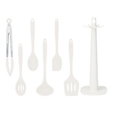 inbloom 矽膠廚具廚房工具湯勺+濾網+夾子+料理勺+抹刀+鍋鏟+置物架組, 1組, 7種, Ivory