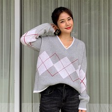 엔비룩 여성용 아가일 브이라인 니트