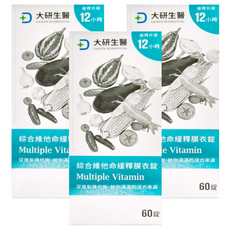 大研生醫 綜合維他命緩釋膜衣錠，含27種維生素及礦物質，12小時長效吸收，補充人體所需維生素, 60顆, 47g, 3罐
