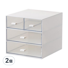 收納部屋 日式桌面抽屜盒 4格, 白色/透明色, 2個裝 - 桌面收納、文具收納、化妝品收納, 2個
