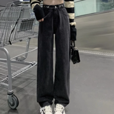 HL604 高腰直筒牛仔寬褲 煙灰2XL, 2XL, 煙灰色