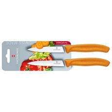 Victorinox 瑞士維氏刀具2件組 瑞士製 橘色手柄 10cm水果刀 鋸齒刀 水果刀具組, 10cm刃長水果刀 + 鋸齒水果刀, 1組
