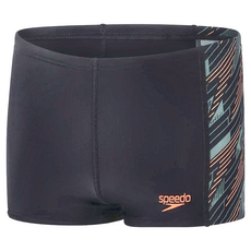 SPEEDO HyperBoom 男孩運動四角泳褲, 黑/田園綠/暖橙, 尺寸11-12, 11~12, 黑色