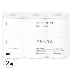 생활공작소 두루마리 천연펄프 3겹 고급롤화장지, 27m, 6롤, 2개