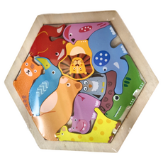 葉子小舖 木製六角拼圖 野生動物 Set, 木頭材質, 1組