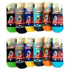 JY SOCKS 靴下屋 直版童襪12雙, 台灣製造, 襪底有止滑顆粒, 消防車, 7~12歲 19~23cm