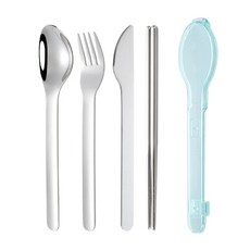 304不鏽鋼攜帶餐具4件組, 小巧收納盒, 靜音設計, 鏡面拋光, 一體成型, 手感舒適, 綠色, 190 x 45 x 30mm, 1組