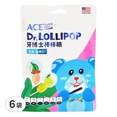ACE SUPER KIDS 牙博士棒棒糖 Set 8支, 美國牙科博士研發, 含50%膳食纖維, 添加維生素C, 無糖低熱量, 西瓜+青蘋果, 60g, 6袋