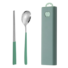 日常適用攜帶式便當餐具組, 1組, 勺子+筷子+箱子, 綠色