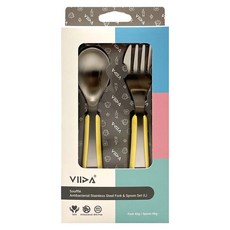 VIIDA Soufflé 抗菌304不鏽鋼叉匙組 (L), 食品級矽膠, 適用於2歲以上兒童, 黃色, L 湯匙1支 + 叉子1支, 1組