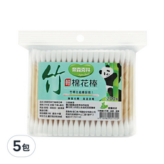 奈森克林 竹軸棉棒 200支, 無螢光劑 高溫消毒 優質棉花, 5包