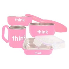 thinkbaby 環保不鏽鋼兒童餐具組 Set, 不含BPA, 完整餵食套裝, 粉色, 湯碗 + 淺口碗 + 餐盒 + 水杯, 1組