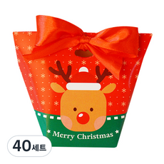 도나앤데코 디브 크리스마스 사다리꼴 포장상자 루돌프 + 레드리본 + 투명 스티커 2cm, 혼합색상, 40세트