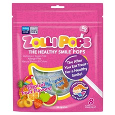ZOLLI POPS 木糖醇無糖棒棒糖, 熱帶水果口味, 8支, 不含砂糖、高果糖糖漿, 全素可食, 58.4g, 1袋