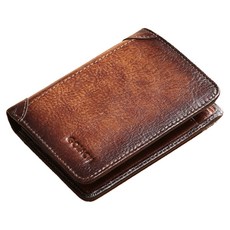 RFID 真皮頭層牛皮11卡位短夾男夾，復古風格，防盜刷錢包, 10 × 12cm, 棕色