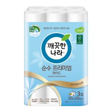 깨끗한나라 3겹 데코 순수 프리미엄 와이드 천연펄프 롤화장지 30m, 30롤, 1개