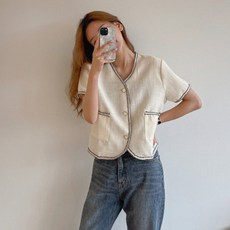 슈가펀 여성용 디온 라이닝 버튼 반팔 가디건