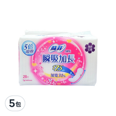 SOFY 蘇菲 瞬吸加長護墊 清新花香, 17.5cm, 28片, 5包