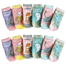 JY SOCKS 靴下屋 女童款 直版襪, 台灣製造, 卡通動物圖案, 底部有止滑顆粒, 海洋世界, 7~12歲 19~23cm