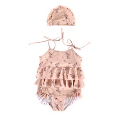 愛北鼻 ins女童泳衣 粉碎花 吊帶連身泳衣+泳帽 120碼 建議110-120cm 1入