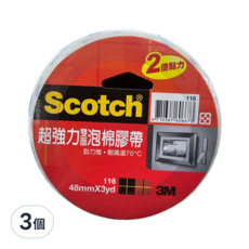 3M Scotch 超強雙面泡棉膠帶, 48mm x 3yd, 黏力強, 耐高溫70°C, 2倍黏力, 3個