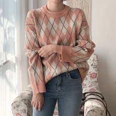 아미 여성용 아가일 패턴 오버핏 다이아 무늬 니트