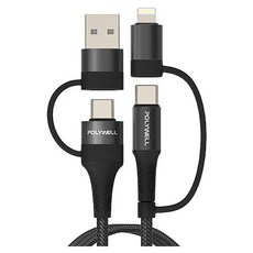 POLYWELL 寶利威爾 四合一PD編織快充線 USB-C/Lightning/USB-A, 2m, 黑色, 1條