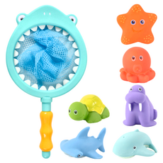 OhBabyLaugh 洗澡玩具 感溫變色撈魚組, 可愛動物漂浮玩具 鯊魚撈網 戲水玩具, 淺藍色, 1組
