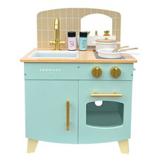 Teamson Kids 小廚師馬賽經典玩具廚房，附鍋具和調味罐, 21.75 x 13 x 6.5 in, 金色 + 薄荷色, 1個