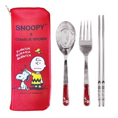 PEANUTS 史努比 三件式不鏽鋼餐具組, 款式隨機, 湯匙 + 叉子 + 筷子 + 餐帶, 1組