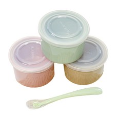 블루마마 도자기 이유식 밀폐보관용기 250ml x 3종 + 이유식 중기스푼 곰돌이 + 스푼케이스, 용기(핑크, 민트, 베이지), 스푼(다크민트), 1세트