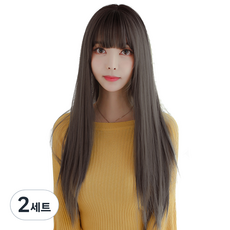 하이유니 풀 뱅 스트레이트 펌 롱 헤어 긴머리 통가발 가발 75cm + 가발망 + 거치대 세트, 브라운블랙, 2세트 - 풀뱅앞머리가발